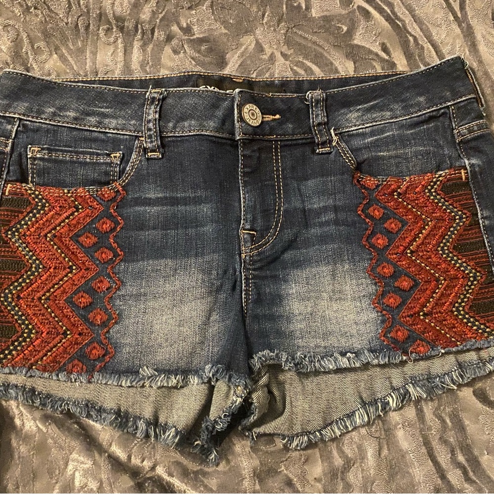 Express Blue And Red Jean Shorts With Embroidered Details